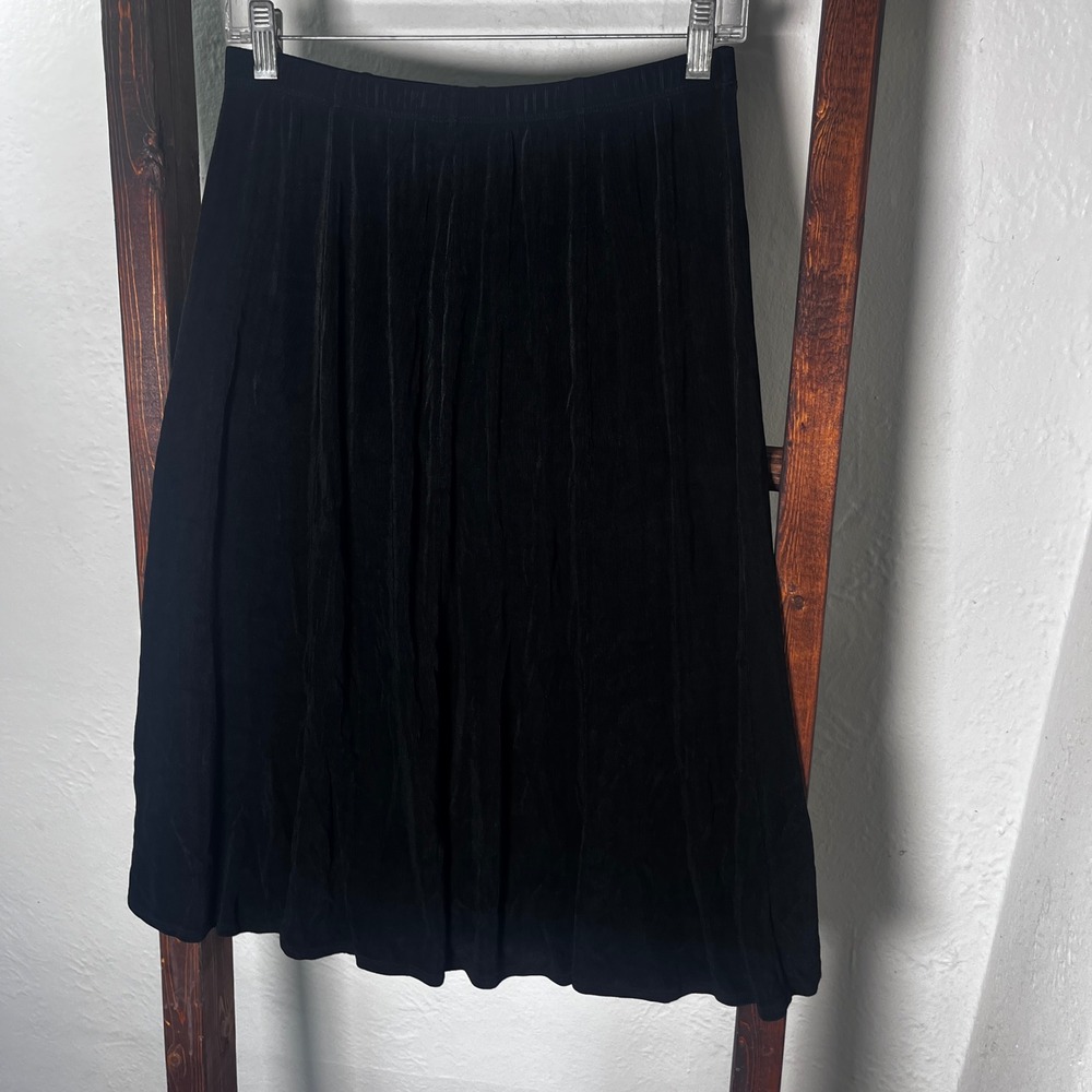 Chicos Travelers Black Ribbed Midi Skirt Elastic Waist Size 2 A-Line Made in USA - Picture 2 of 10